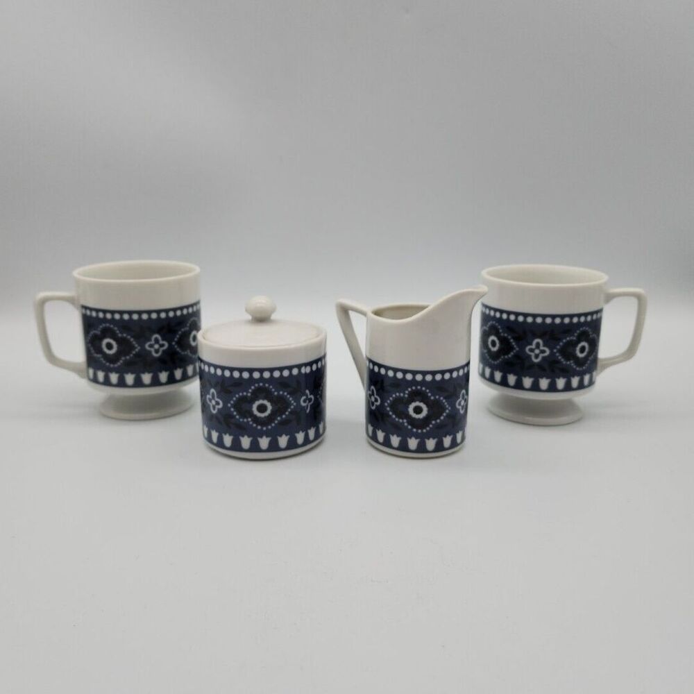 Vintage Paisley Coffee or Tea Set Navy and White 2 Cups, Cream & Sugar Porcelain